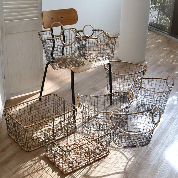 ちどり産業 ワイヤーバスケット 籐のカゴ 幅44×奥行32×高さ20cm