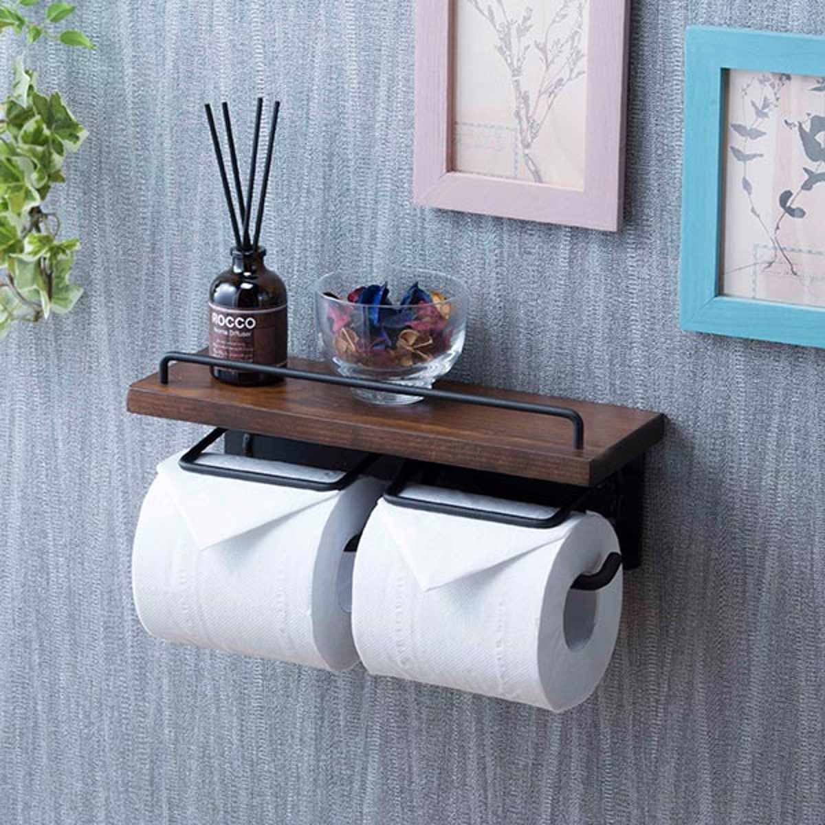 トイレットペーパーホルダー 棚付 天然木 ダブルタイプ 幅27.5cm