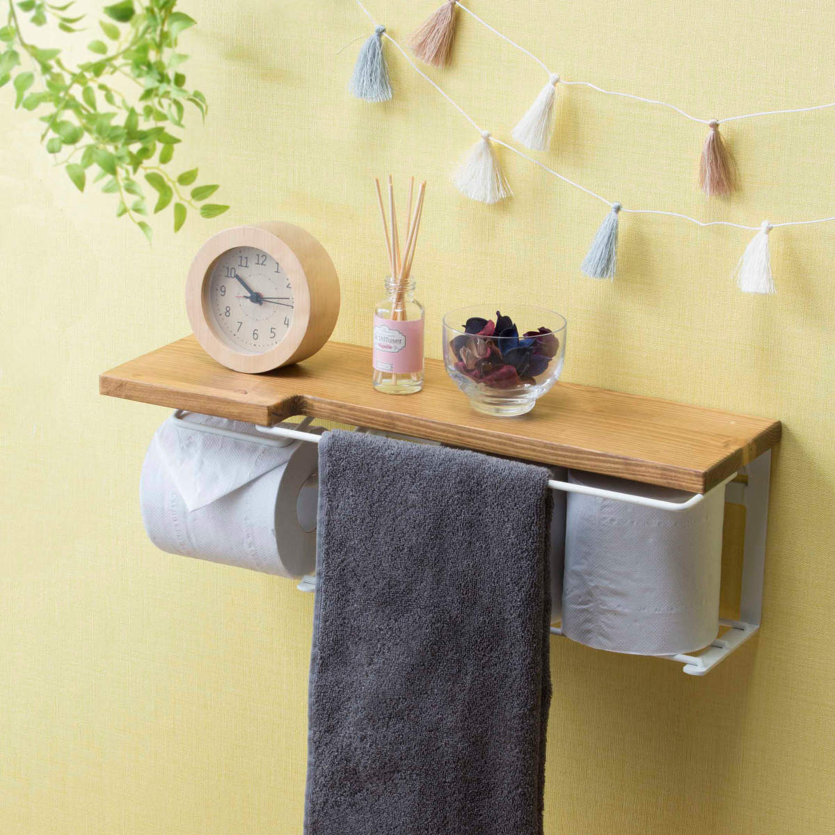 トイレットペーパーホルダー 棚付 天然木 ストックタイプ 幅44cm