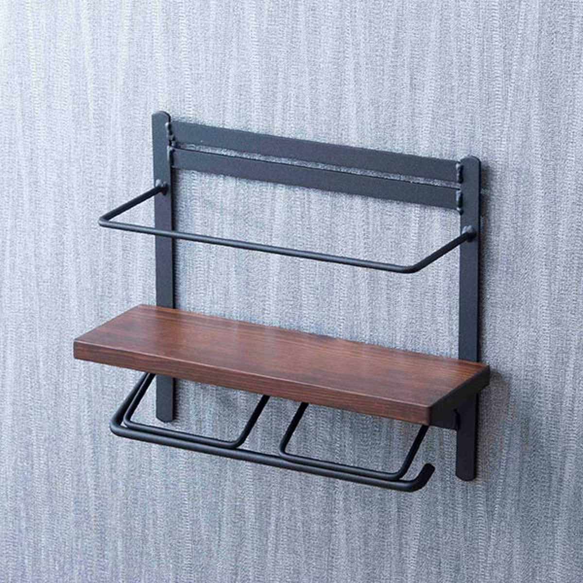 トイレットペーパーホルダー 棚付 天然木 ダブルハイタイプ 幅28.5cm