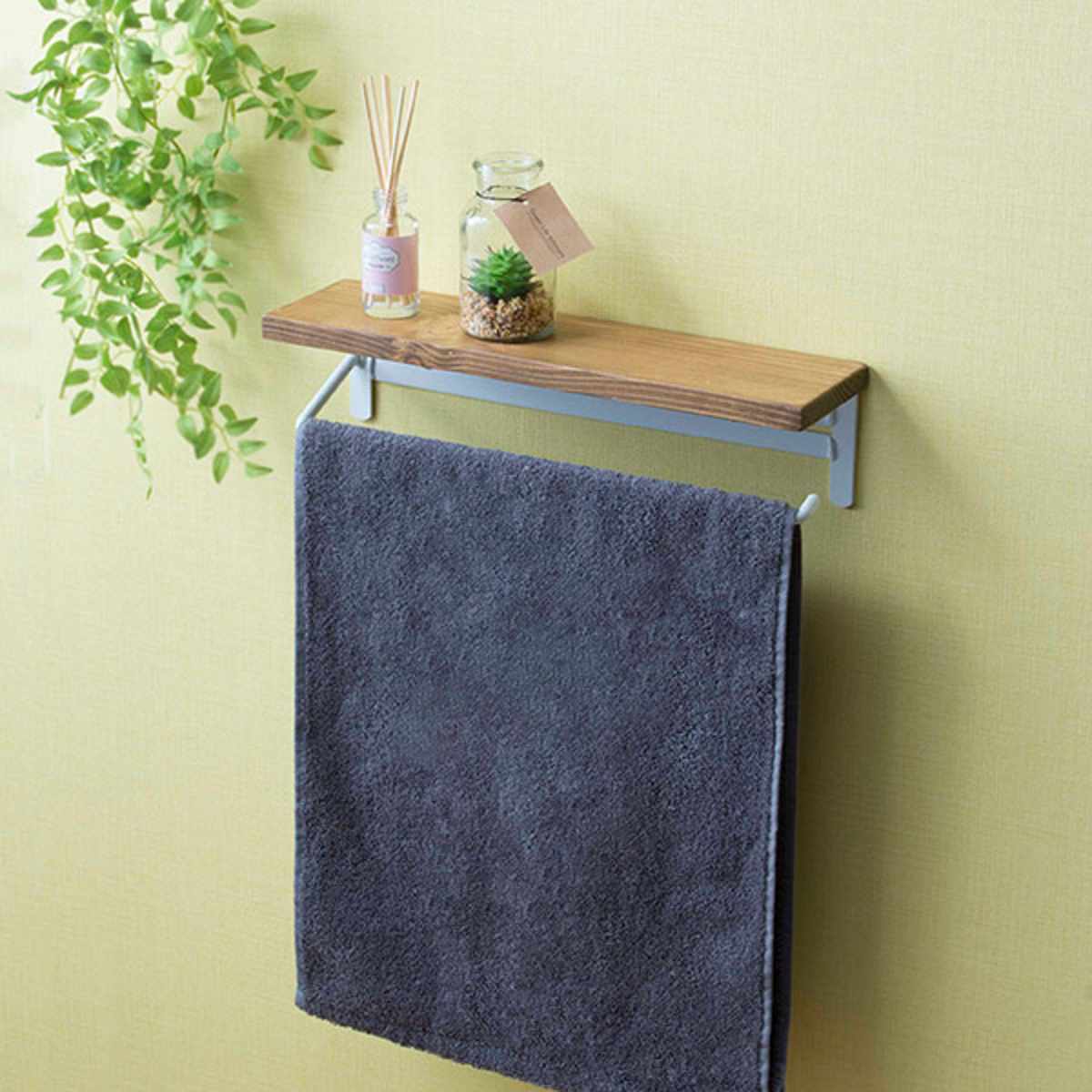 タオルハンガー 棚付 ヴィンテージ調 天然木 幅36cm ダークブラウン