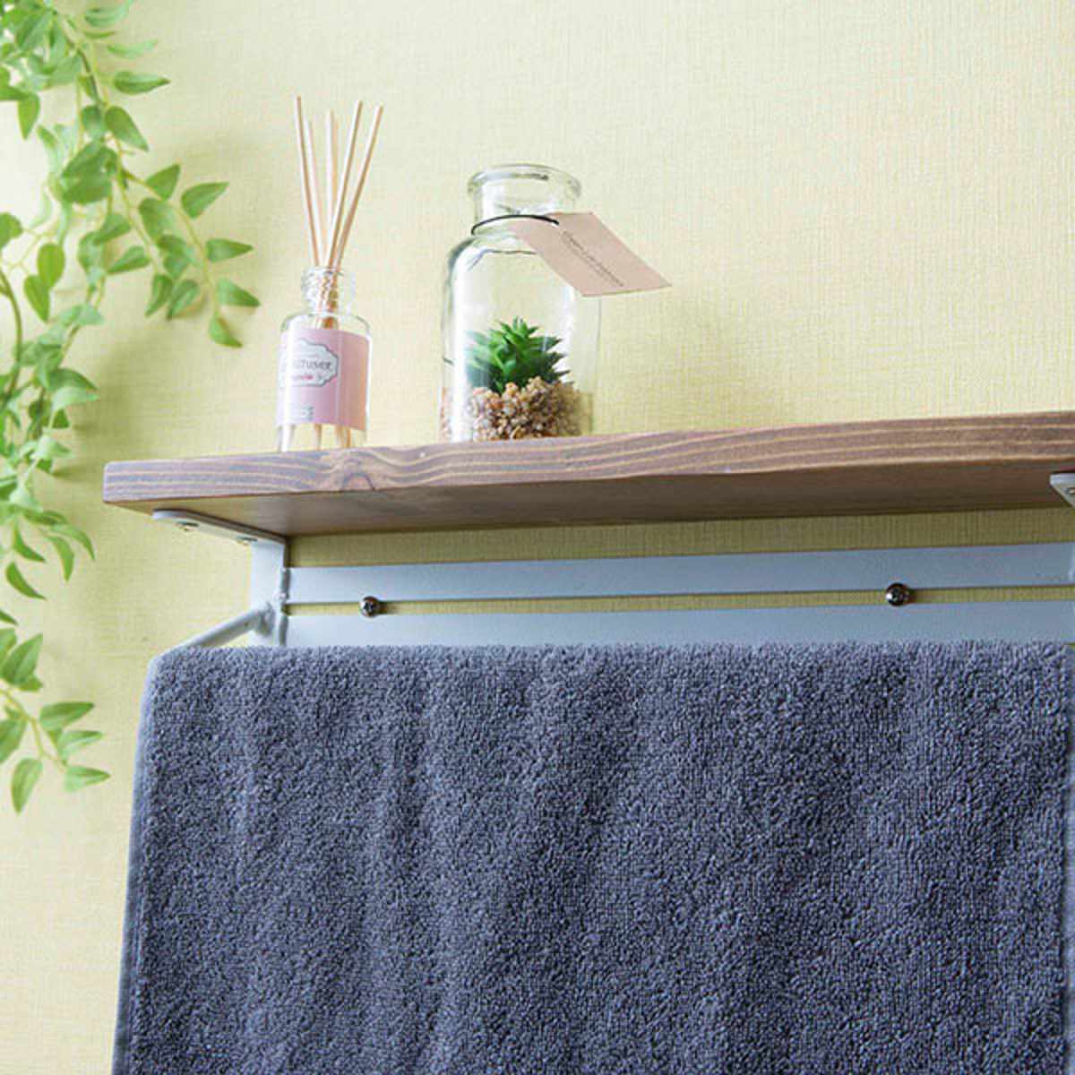 タオルハンガー 棚付 ヴィンテージ調 天然木 幅36cm ダークブラウン