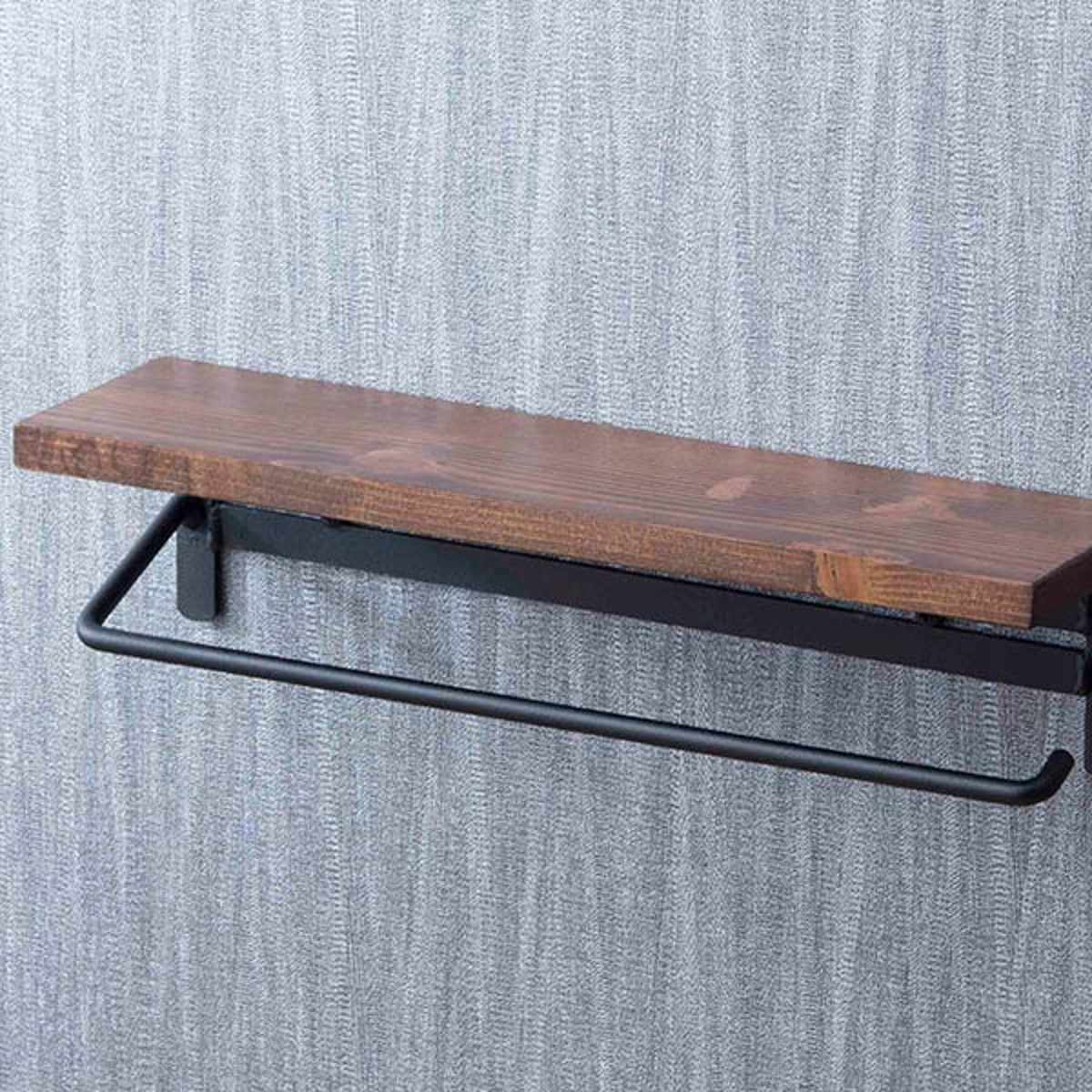 タオルハンガー 棚付 ヴィンテージ調 天然木 幅36cm ダークブラウン