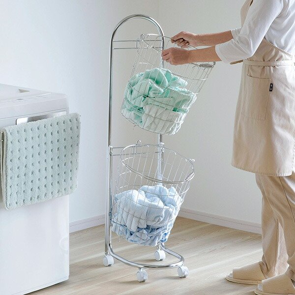 洗濯かご2段 ステンレス製洗濯かご 洗濯 バスケット （ ラック ワゴン