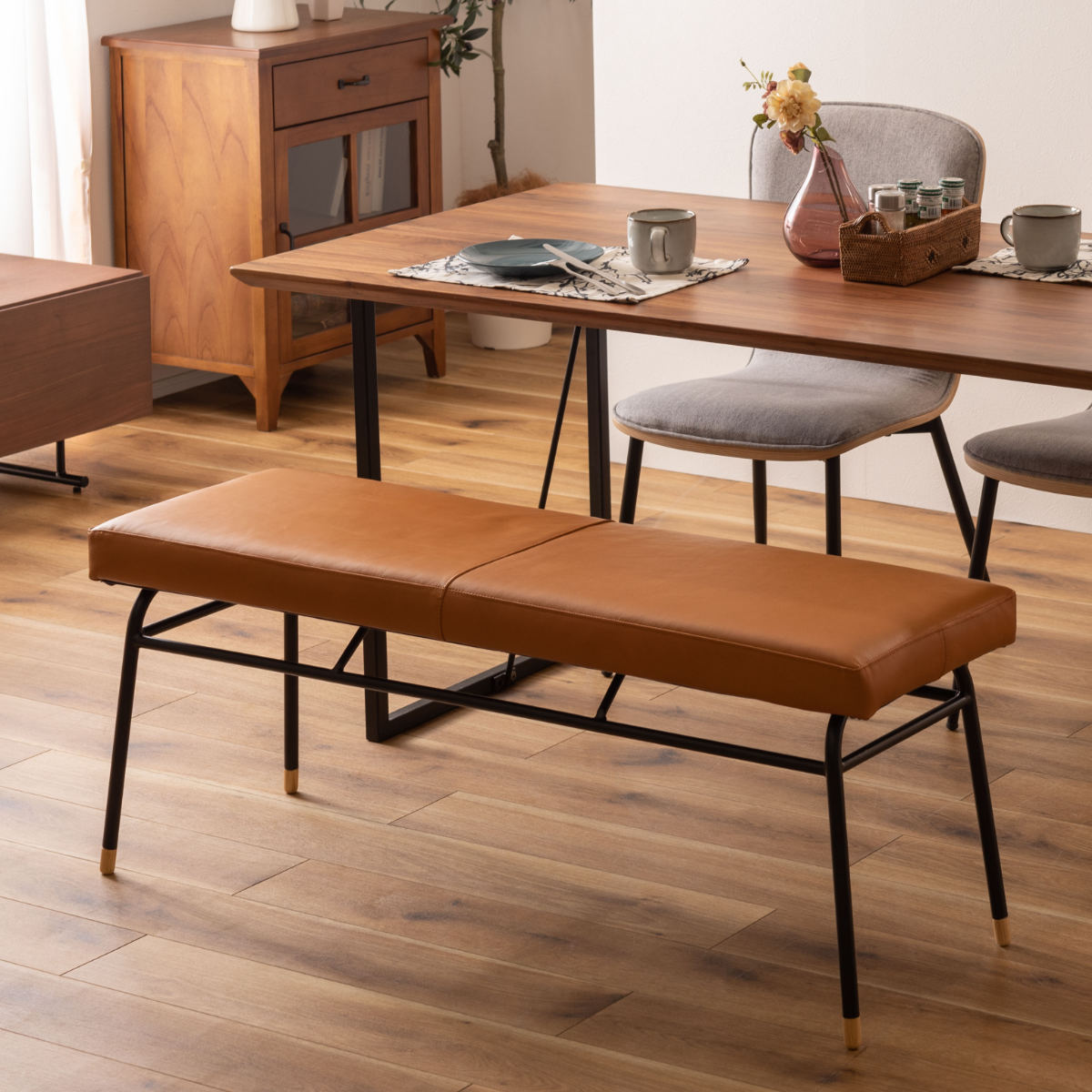 東谷 ベンチ 幅118cm レザー 本革 スチール ダイニングベンチ （ 椅子