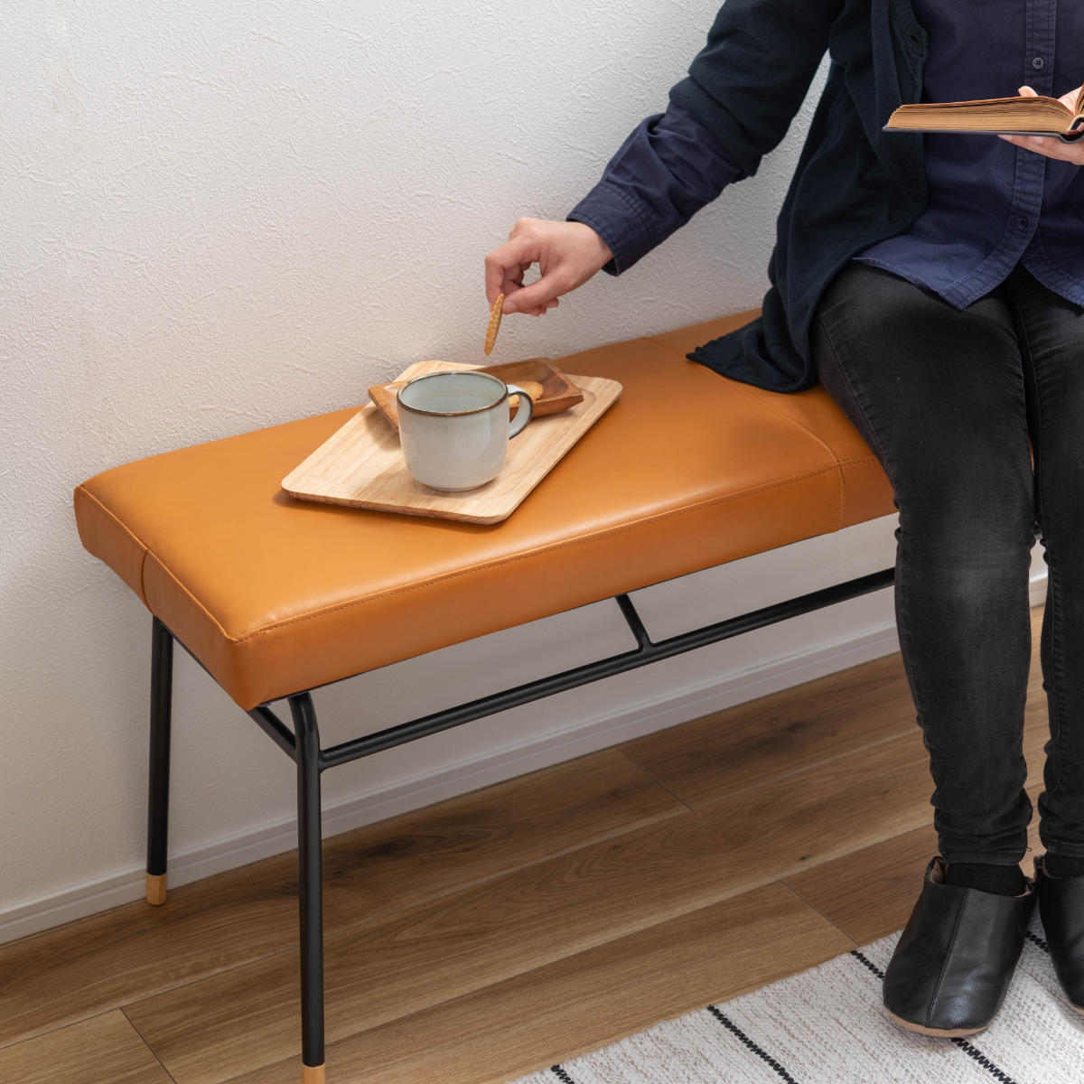 東谷 ベンチ 幅118cm レザー 本革 スチール ダイニングベンチ （ 椅子