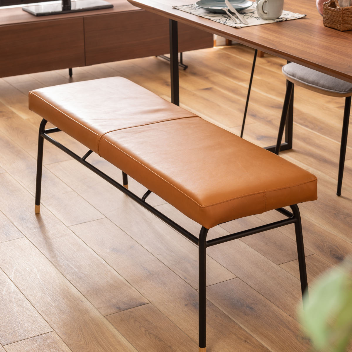 東谷 ベンチ 幅118cm レザー 本革 スチール ダイニングベンチ （ 椅子