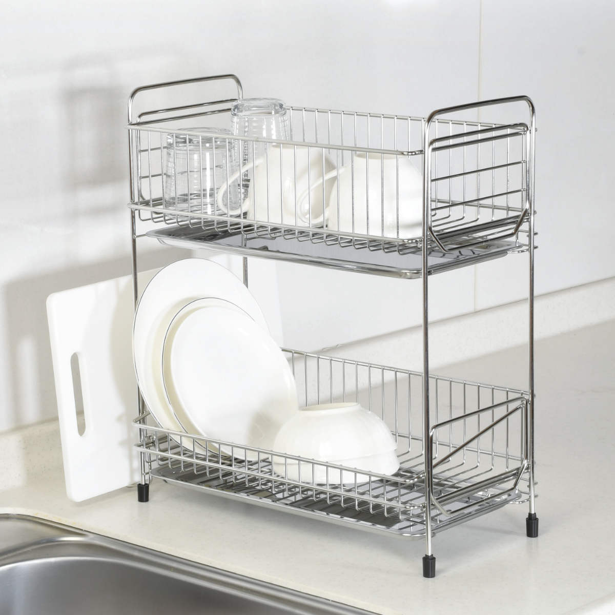 パール金属 水切りラック 2段 スリム ステンレス製 まな板受け付き