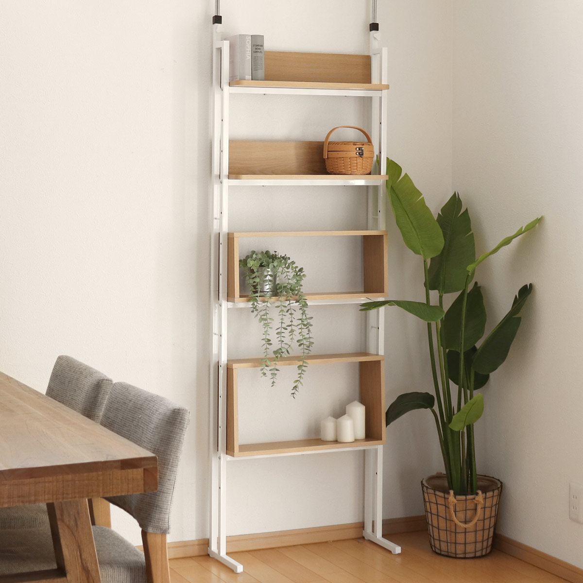 突っ張り オープンラック 収納 棚 ボックス 木目 幅60cm （ 突っ張り棚