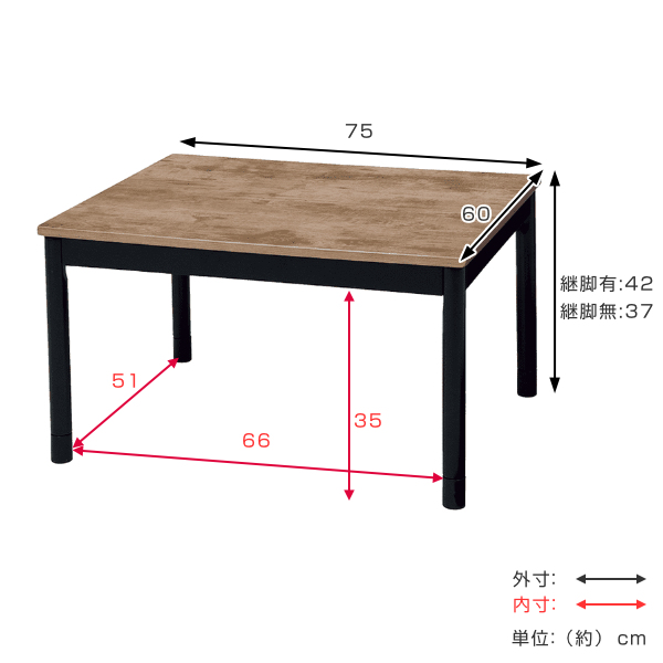 こたつ 幅75cm テーブル 家具調こたつ 木目調 フラットヒーター 手元