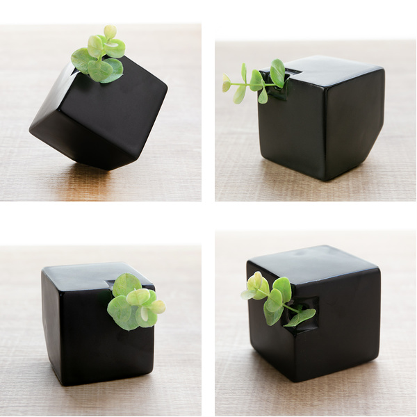 【美品】モダン 花瓶 黒 陶器 角型 一輪挿し シック 花器 箱付き 花瓶 陶器 フラワーベース スクエア Block 5.7cm （ 花びん 花器