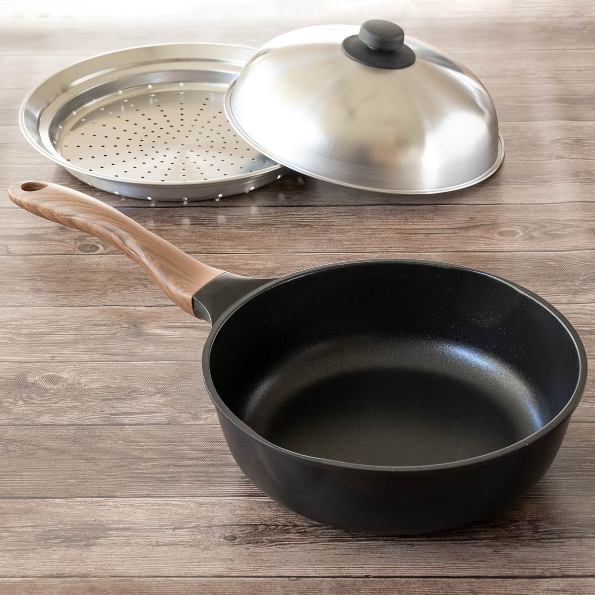 和平フレイズ フライパン 24cm IH対応 深型 両口 蒸し台付き Nトーン