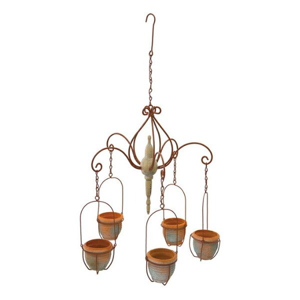 プランター ハンギング シャンデリア テラコッタ 幅30×奥行30×高さ60cm （ 吊り下げ型 5連 鉢 植木鉢 テラコッタ鉢 アンティーク調 ）