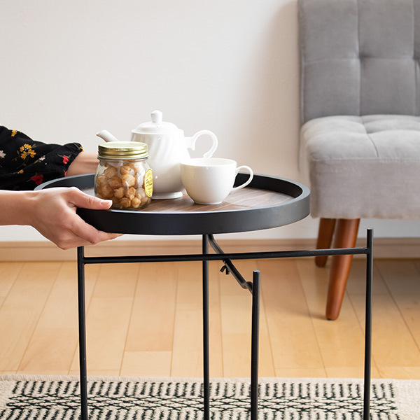 東谷 サイドテーブル 幅42cm トレー テーブル 折りたたみ 収納 お盆 丸