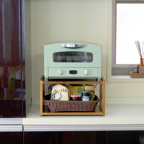 トースターラック 洗えるバスケット付き 家電下ラック 木製
