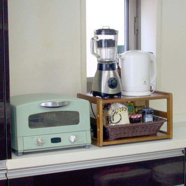 トースターラック 洗えるバスケット付き 家電下ラック 木製