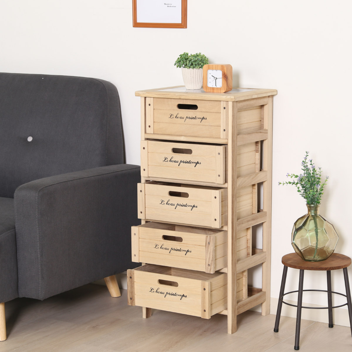 キッチンチェスト 幅40cm 5段 桐製 ストッカー タイルトップ （ キッチンストッカー タイル天板 キッチン収納 収納ラック 収納 ラック 完成品 ） | 不二貿易 | 14