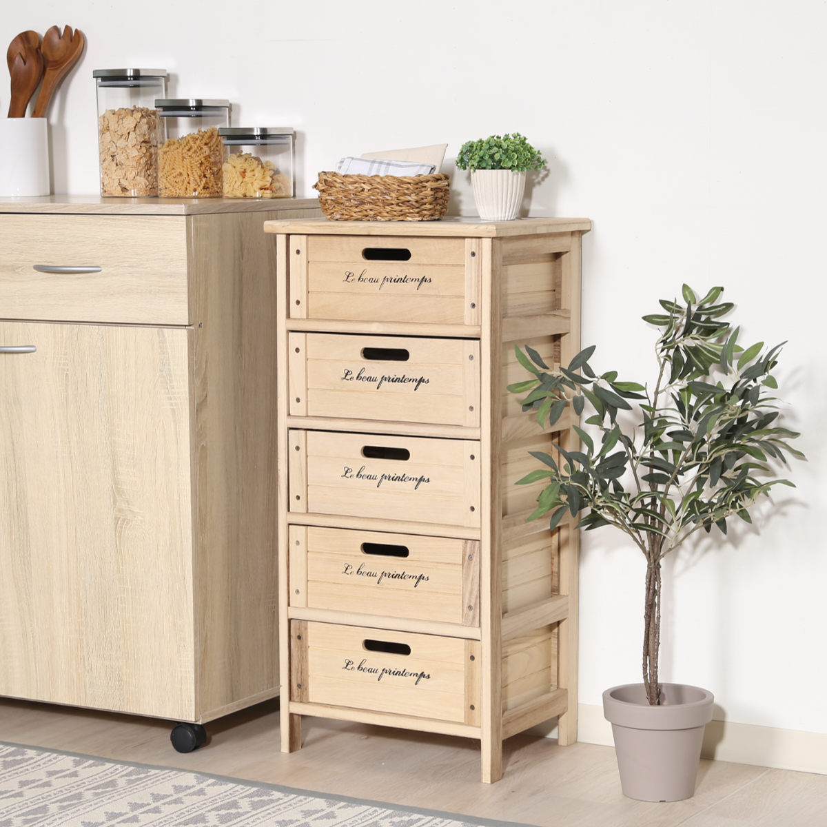 キッチンチェスト 幅40cm 5段 桐製 ストッカー タイルトップ （ キッチンストッカー タイル天板 キッチン収納 収納ラック 収納 ラック 完成品 ） | 不二貿易 | 17