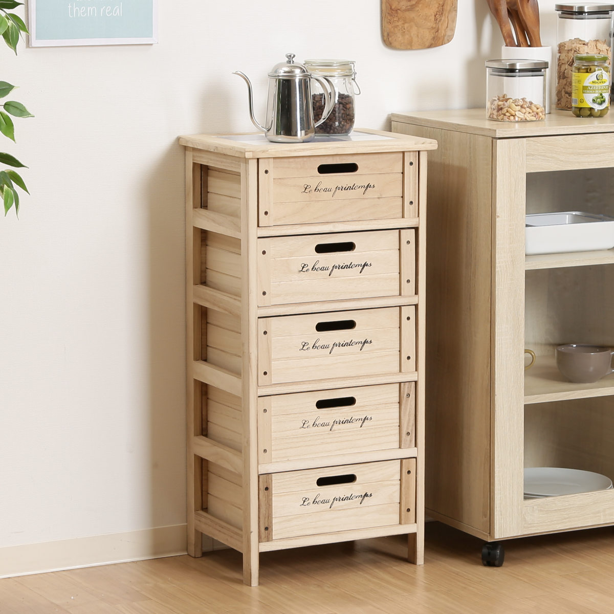 キッチンチェスト 幅40cm 5段 桐製 ストッカー タイルトップ （ キッチンストッカー タイル天板 キッチン収納 収納ラック 収納 ラック 完成品 ） | 不二貿易 | 18