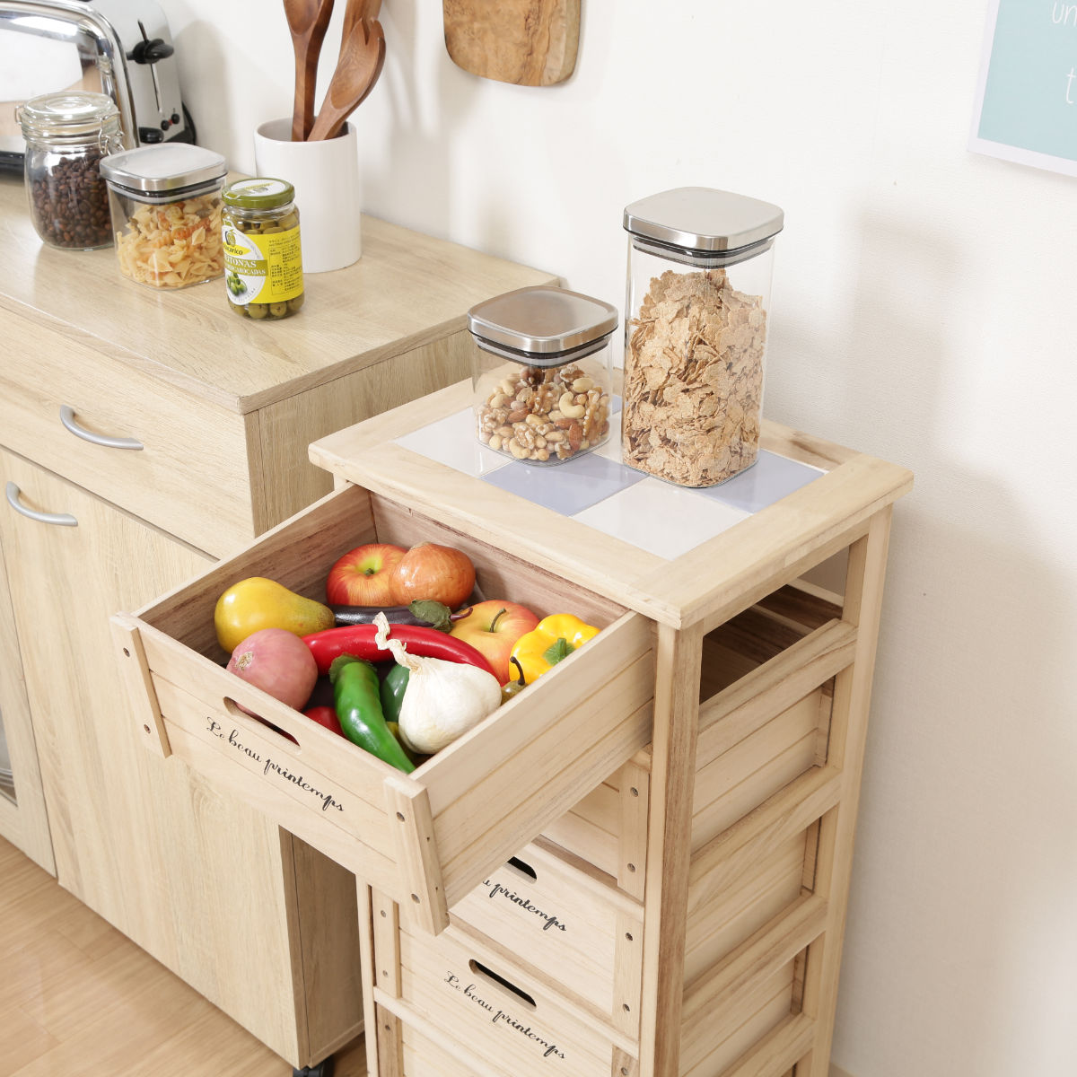 キッチンチェスト 幅40cm 5段 桐製 ストッカー タイルトップ （ キッチンストッカー タイル天板 キッチン収納 収納ラック 収納 ラック 完成品 ） | 不二貿易 | 03