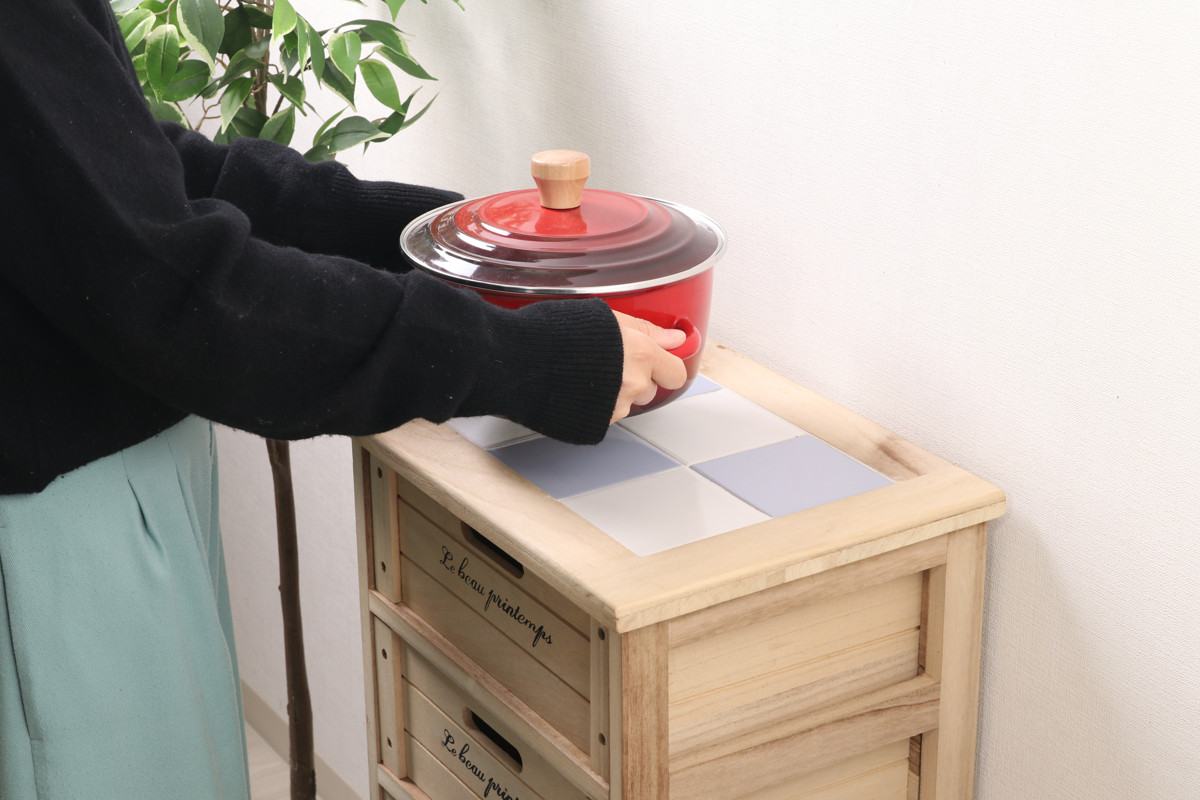 キッチンチェスト 幅40cm 5段 桐製 ストッカー タイルトップ （ キッチンストッカー タイル天板 キッチン収納 収納ラック 収納 ラック 完成品 ） | 不二貿易 | 05