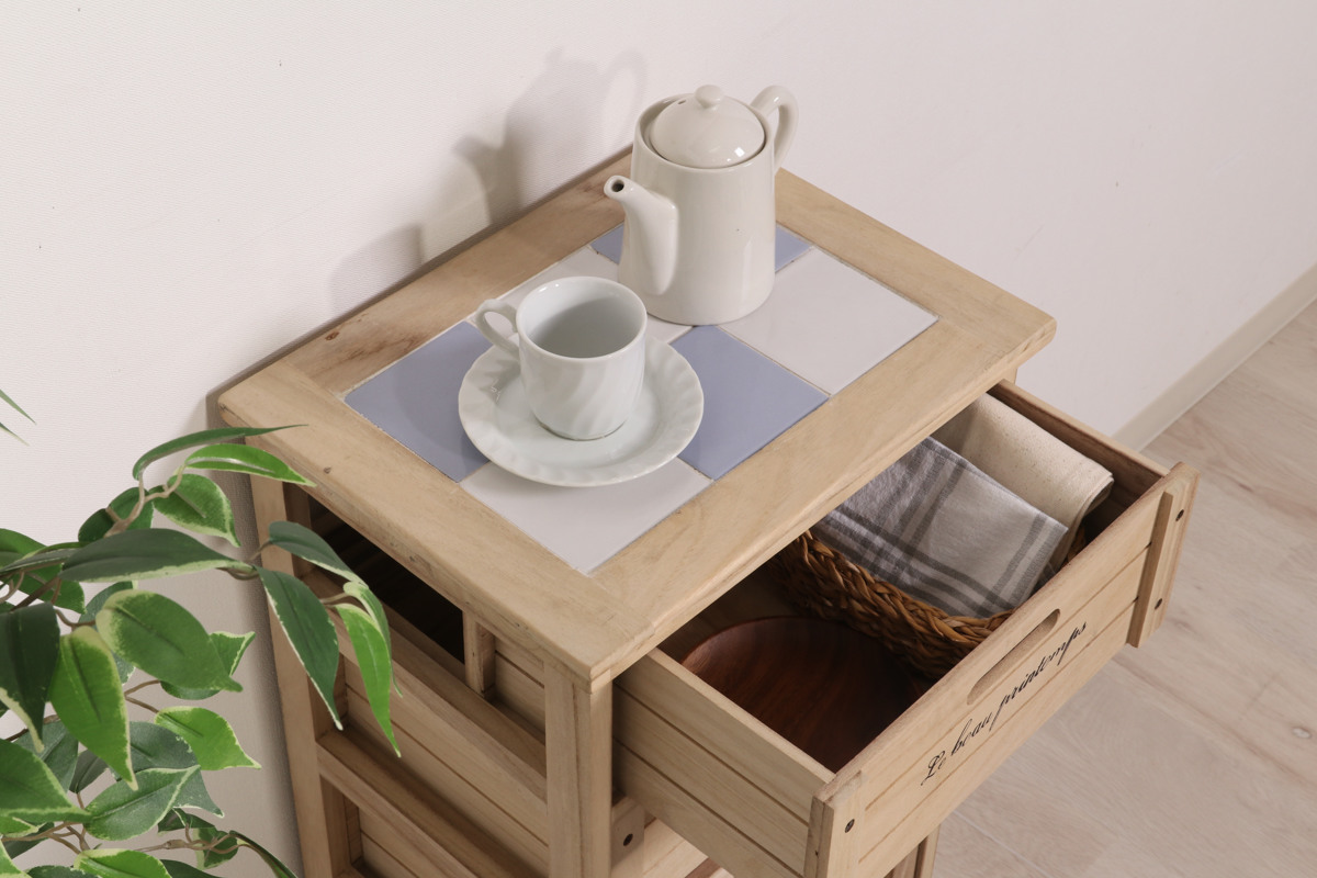 キッチンチェスト 幅40cm 5段 桐製 ストッカー タイルトップ （ キッチンストッカー タイル天板 キッチン収納 収納ラック 収納 ラック 完成品 ） | 不二貿易 | 07