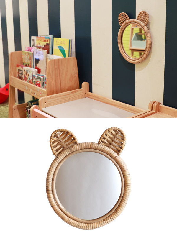 ミラー 幅25cm ラタン くま ベアー 鏡 キッズ 子供用 壁掛け かがみ