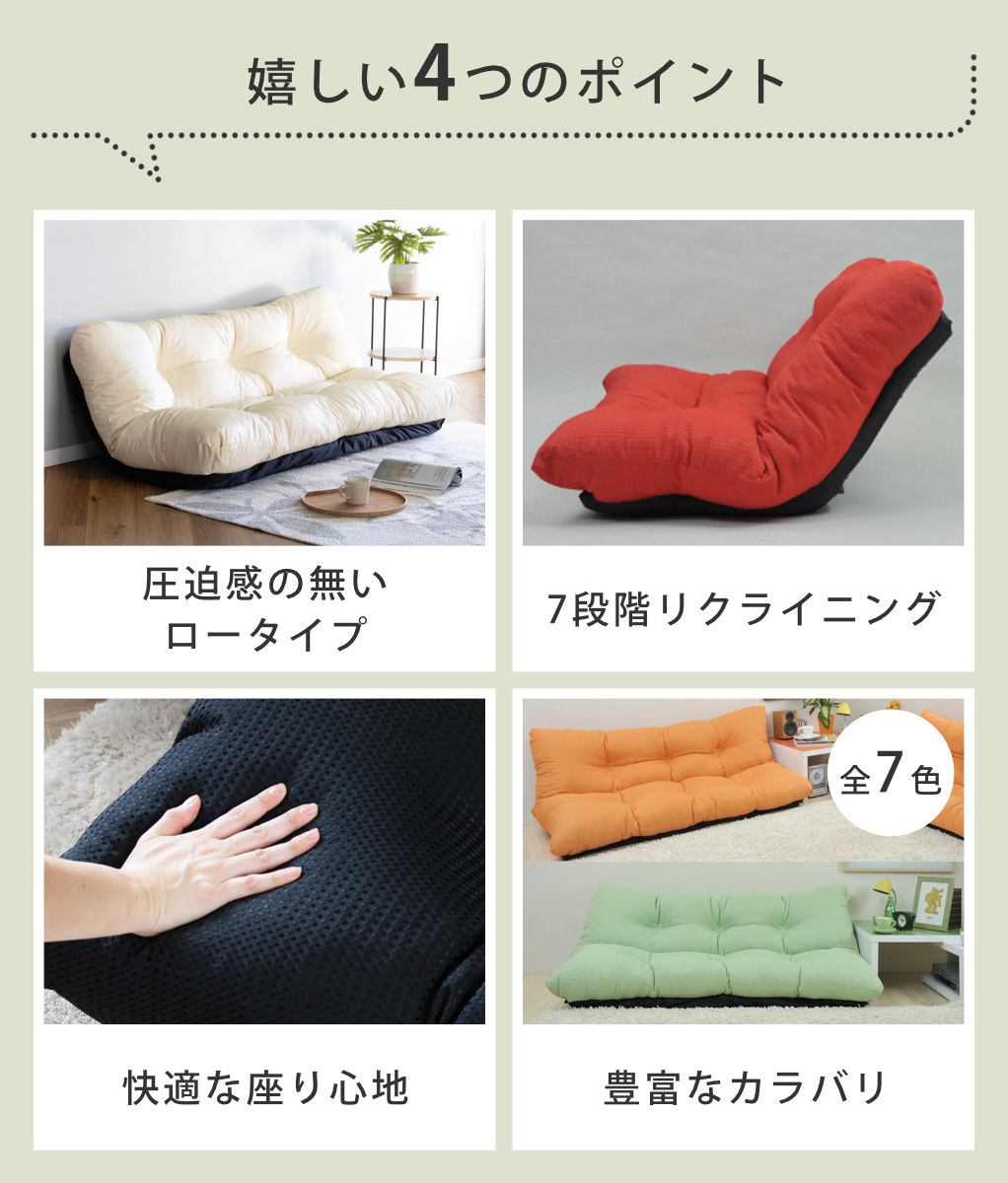 ローソファ 幅160cm 2人掛け 7段階リクライニング フロアソファ