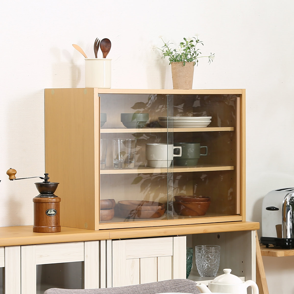 アンファン家具　食器棚　キャビネット　カップボード 不二貿易（Fuji Boeki） ミニ食器棚 幅60cm 3段 カップボード ガラス