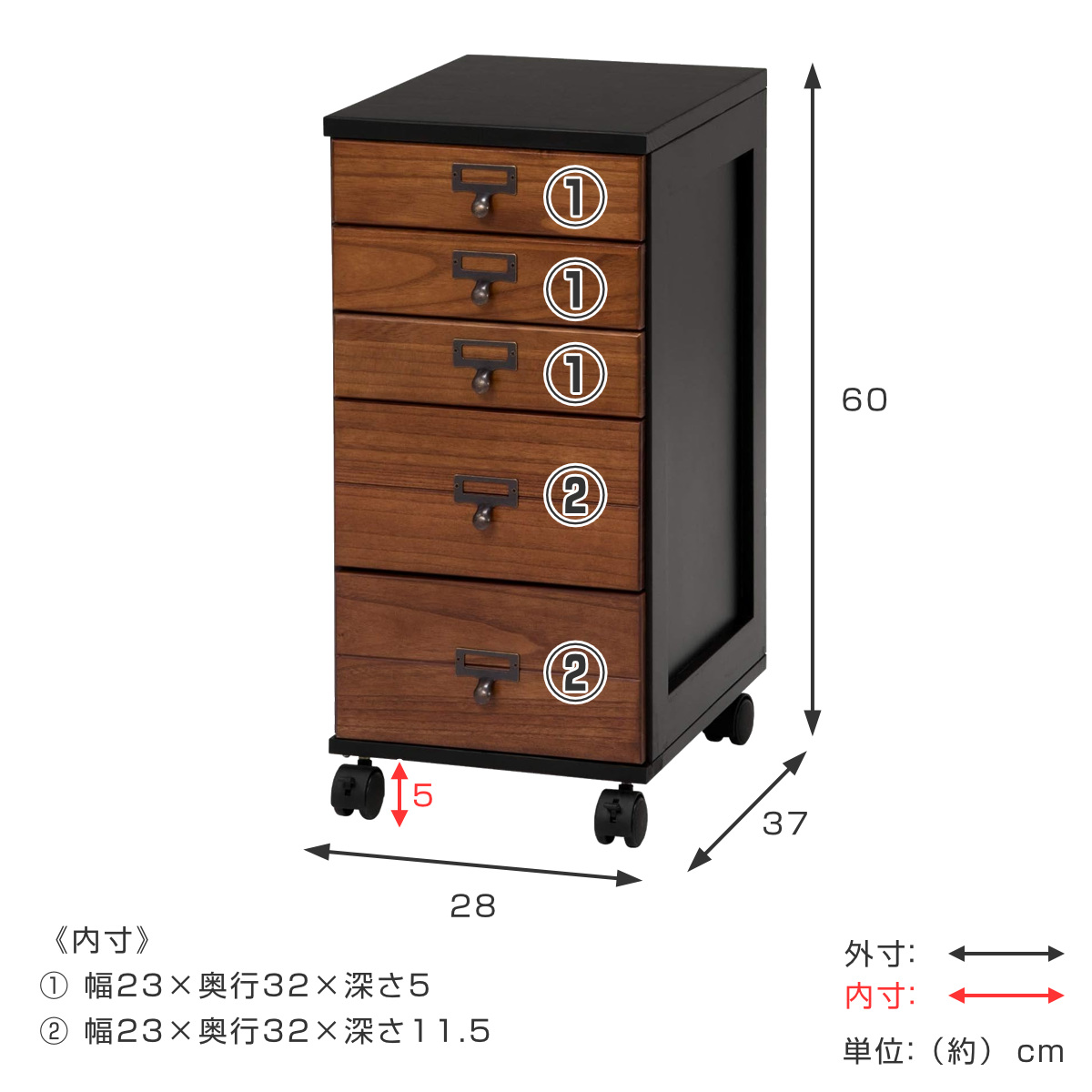 HAGiHARA（萩原） 多段チェスト 幅28cm 5段 A4対応 完成品 キャスター