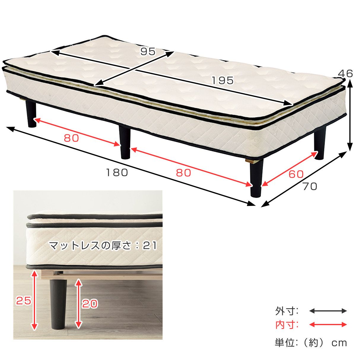 シングルベッド　マットレス付き シングル］ベッド マットレス付き ポケットコイルマットレス 22cm 頑丈