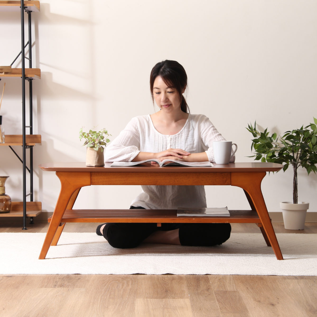 不二貿易（Fuji Boeki） センターテーブル 幅110cm 木製 収納ラック付