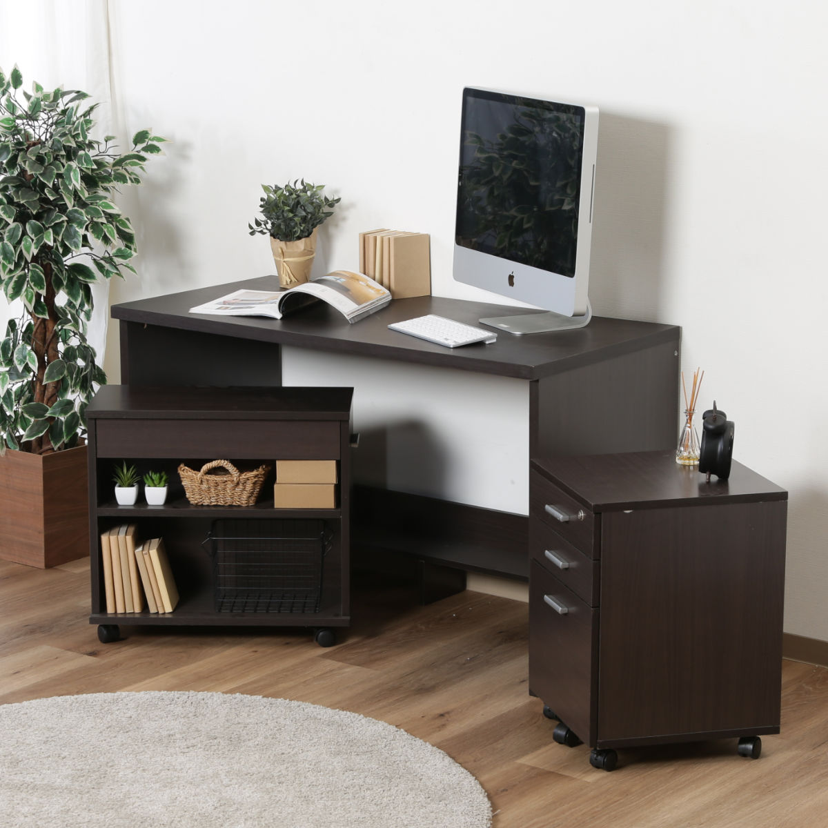 チェスト付きローデスク 不二貿易（Fuji Boeki） ワークデスク チェスト ラック 3点セット 幅