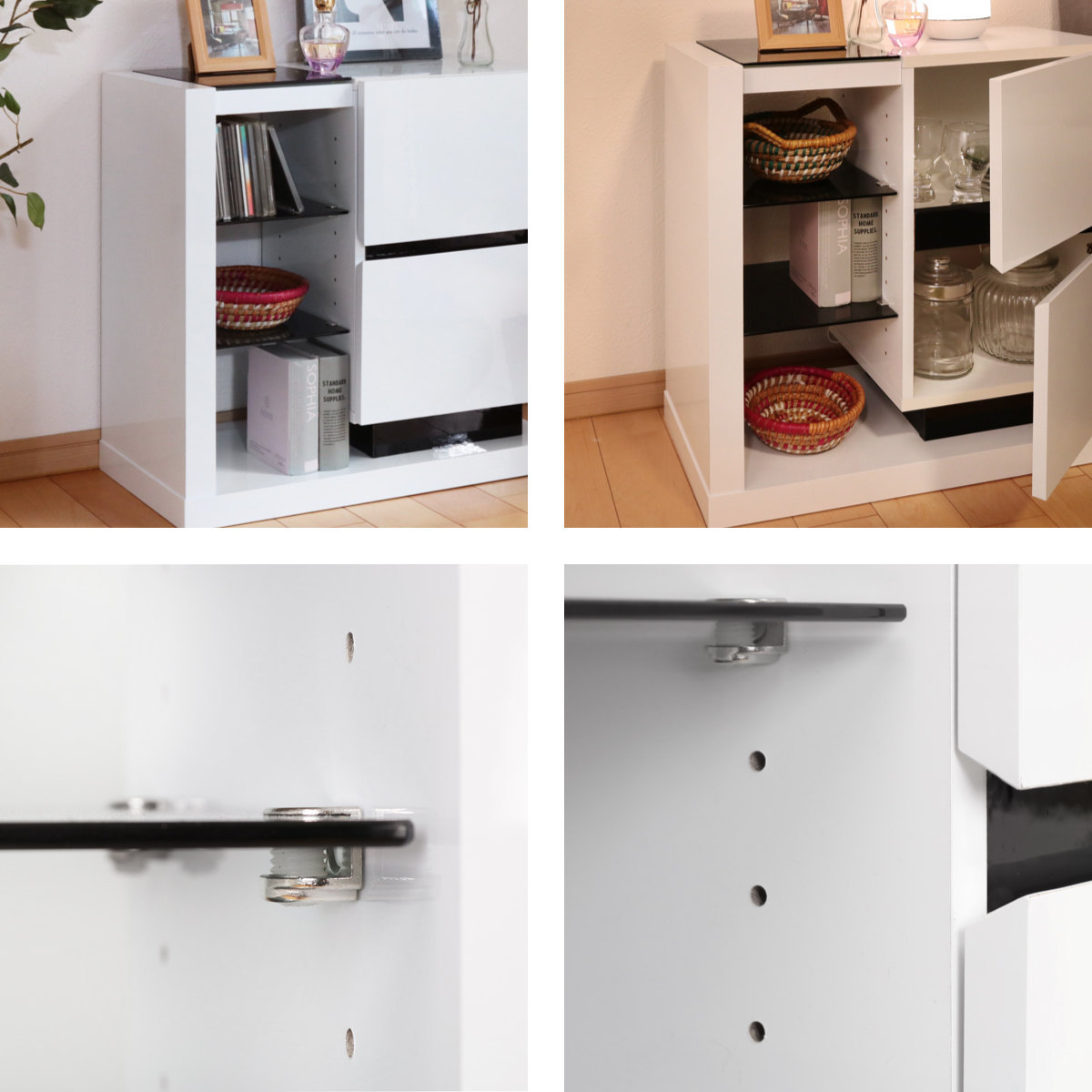 キャビネット 扉付きラック 鏡面仕上げ スタイリッシュモノトーン 幅