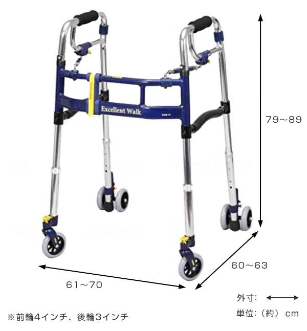 歩行器 レギュラータイプ 4インチ前輪 折りたたみ 幅調整 高さ調整 