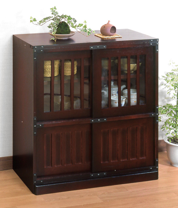 ミヤグチ企販 キャビネット 民芸調 格子デザイン 引き戸収納 幅67cm