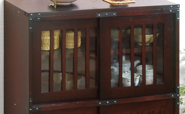 ミヤグチ企販 キャビネット 民芸調 格子デザイン 引き戸収納 幅67cm