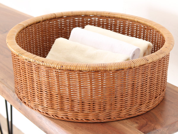 籐製 脱衣カゴ 円型 ラタンかご 直径45cm （ 籐 バスケット かご カゴ