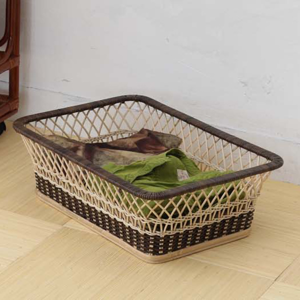 籐製 脱衣カゴ 長方形 ツートーン 編みカゴ ラタン 幅55cm （ 籐