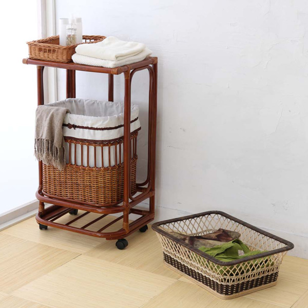 籐製 脱衣カゴ 長方形 ツートーン 編みカゴ ラタン 幅55cm （ 籐