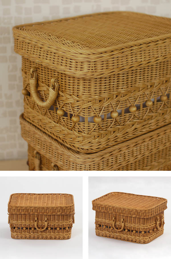 籐 フタ付バスケット スタッキング 持ち手付 fiore 幅38cm