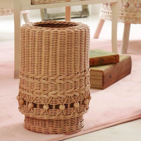 籐 筒形バスケット ごみカゴ 被せ蓋 fiore 直径20cm （ ゴミ箱 丸型