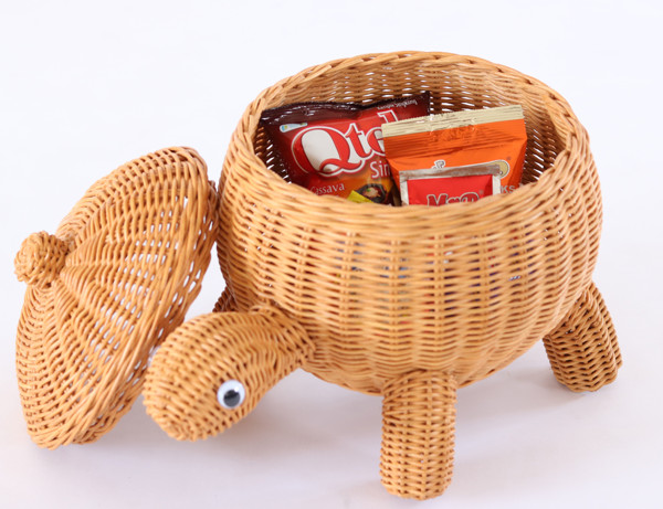 籐 ふた付きバスケット カメ ラタン製 幅26cm （ 動物 アニマル かご