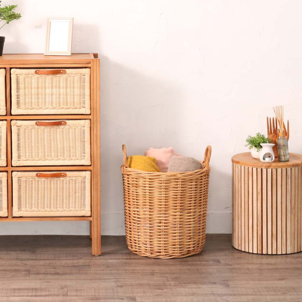 籐 バスケット 円型 持ち手付き 内布付 ラタン製 かご 約直径42cm