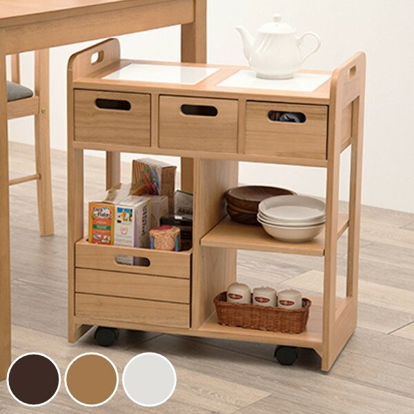 HAGiHARA（萩原） キッチンワゴン ロータイプ 天然木 タイルトップ