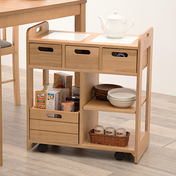 タイルトップ 木製キッチンワゴン HAGiHARA（萩原） キッチンワゴン ロータイプ 天然木 タイルトップ