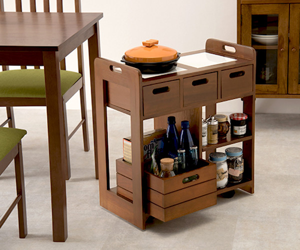 HAGiHARA（萩原） キッチンワゴン ロータイプ 天然木 タイルトップ