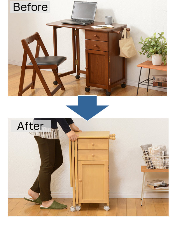 HAGiHARA（萩原） 折りたたみデスク 幅88cm ワゴン付き キャスター