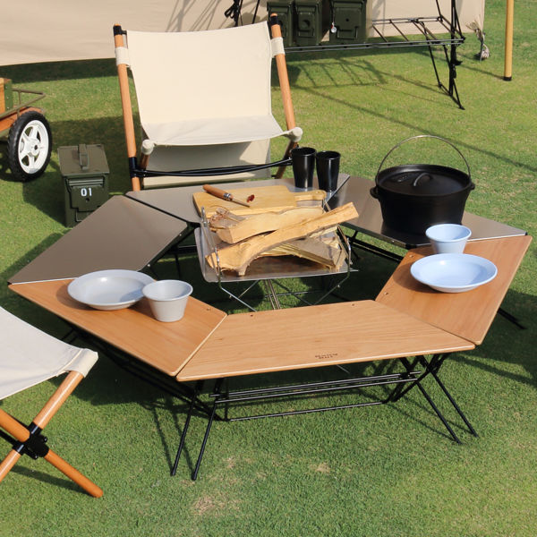 弘益 アウトドア テーブル ウッドトップ 3台 アーチテーブル ヘキサ