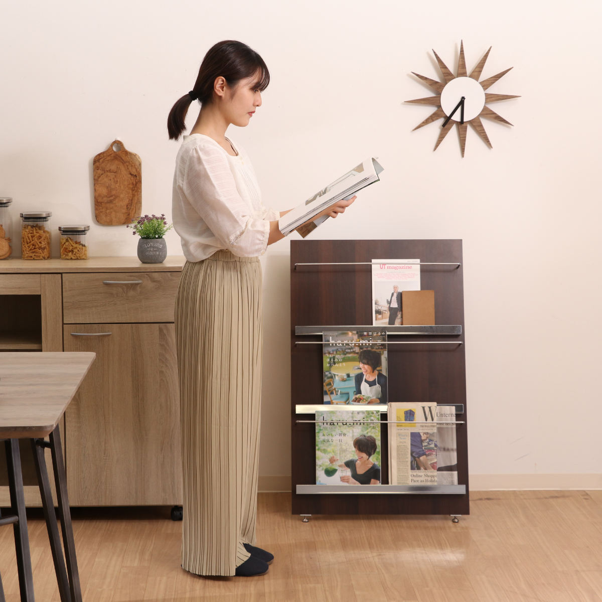 不二貿易（Fuji Boeki） マガジンラック 幅58cm 3段 ワイド 木目調